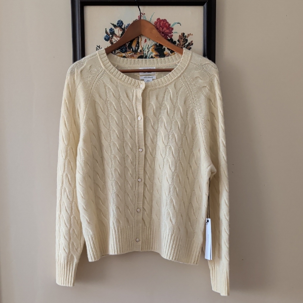 Wilt Cream Cable Knit 100% Cashmere Button-Up Cardigan